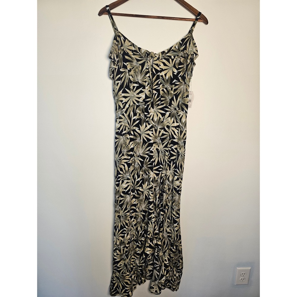 Tropical Volcom Coco Ho Maxi Dress Womens XL Black Green Palm Leaf Ruffle Tie